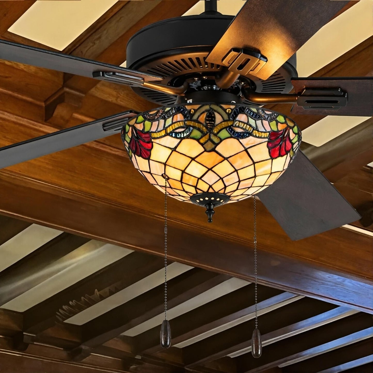 Vibrant Amber and Red Tiffany Style Stained Glass Ceiling Fan with Remote