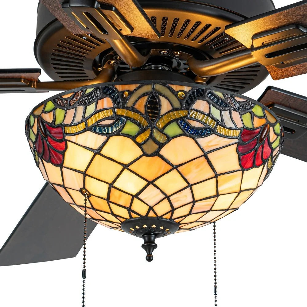 Vibrant Amber and Red Tiffany Style Stained Glass Ceiling Fan with Remote