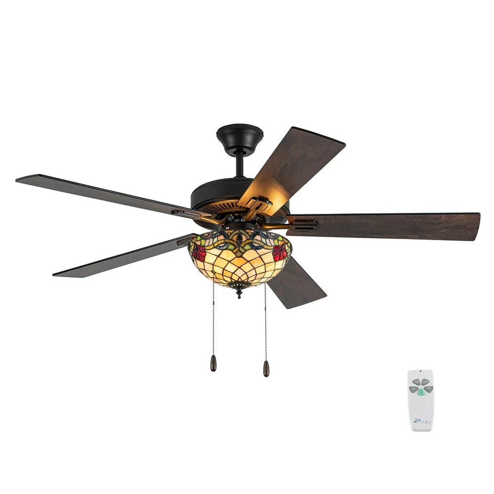 Vibrant Amber and Red Tiffany Style Stained Glass Ceiling Fan with Remote