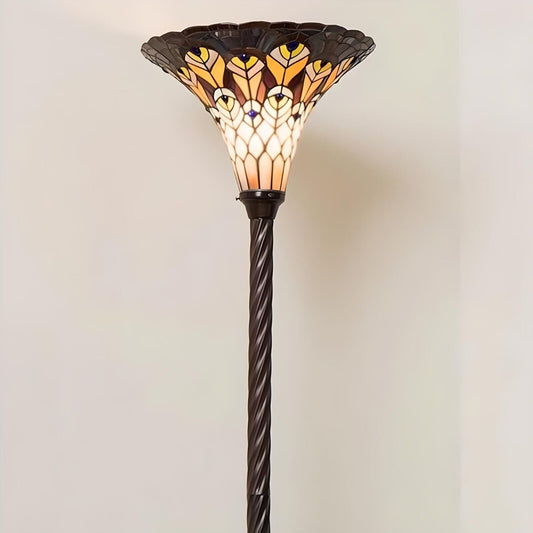 Tiffany Style Peacock Torchiere Stained Glass Floor Lamp with Bronze Twist Base