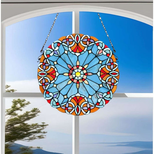 Round Suncatcher Stained Glass Window Panel Victorian Design in Blue Orange 20in