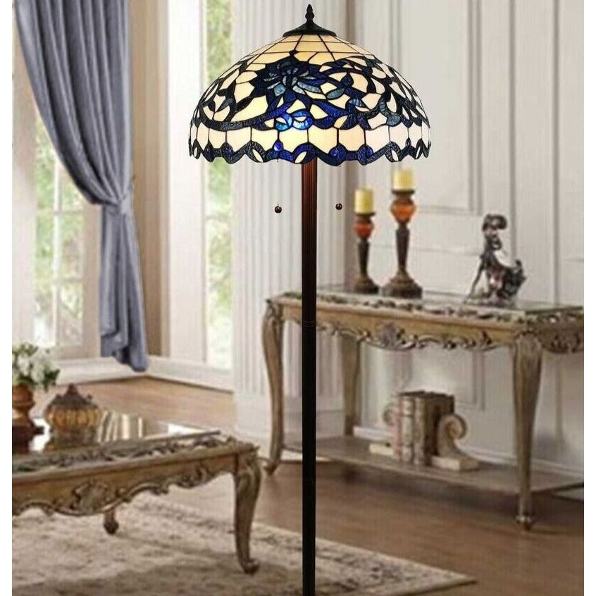 Blue and White Floral Design Stained Glass Tiffany Style Victorian Floor Lamp