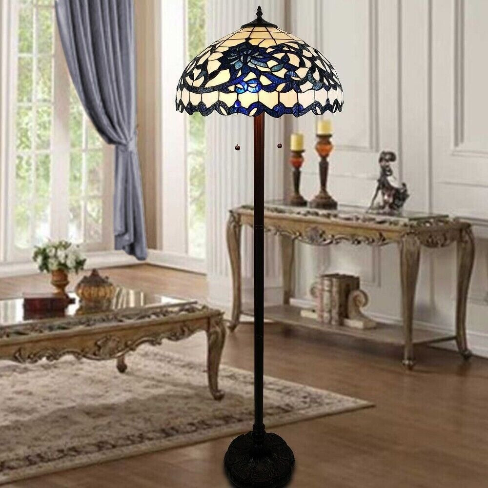 Blue and White Floral Design Stained Glass Tiffany Style Victorian Floor Lamp