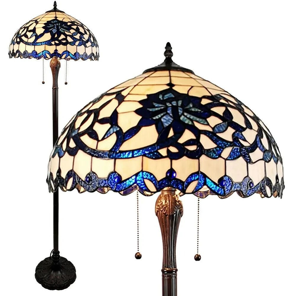 Blue and White Floral Design Stained Glass Tiffany Style Victorian Floor Lamp