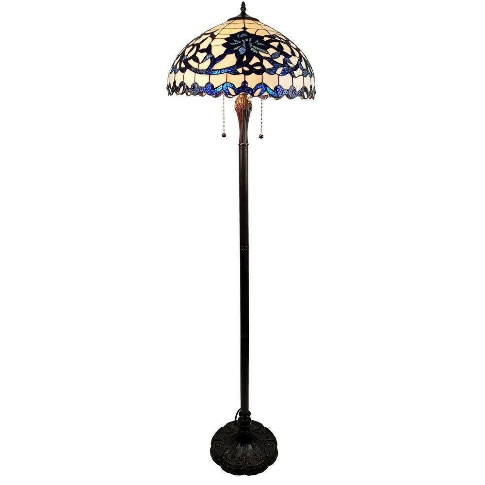 Blue and White Floral Design Stained Glass Tiffany Style Victorian Floor Lamp