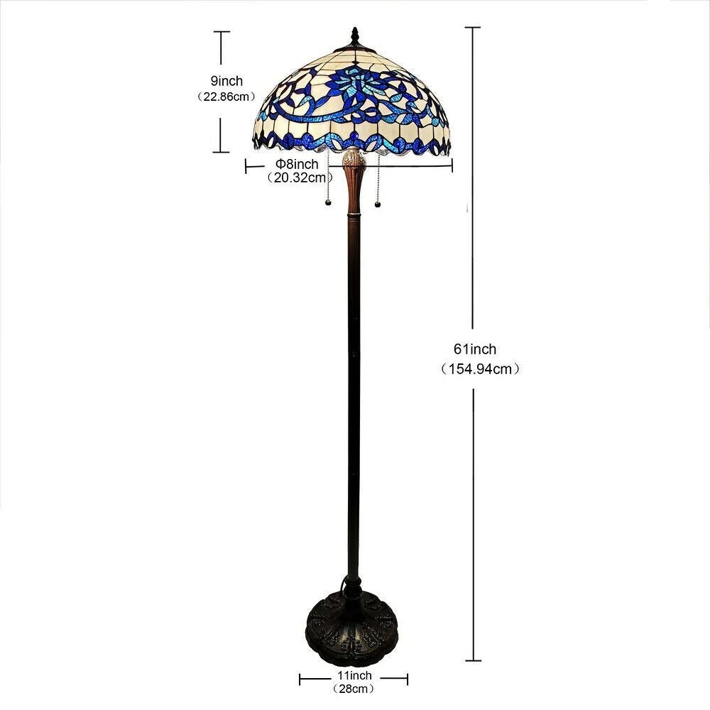 Blue and White Floral Design Stained Glass Tiffany Style Victorian Floor Lamp