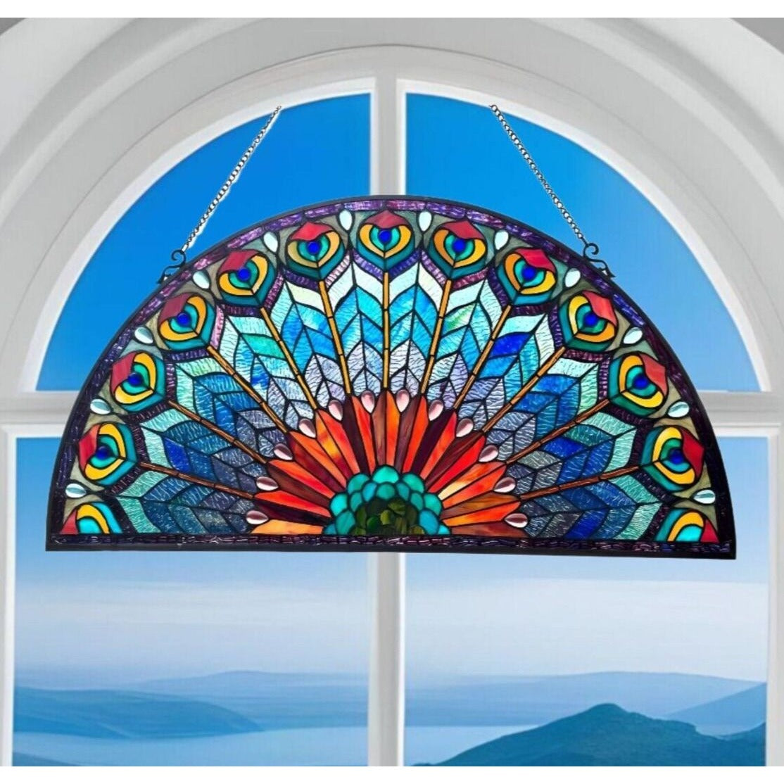 Stained Glass Semi-Circle Window Panel Suncatcher Peacock Design 35x18in