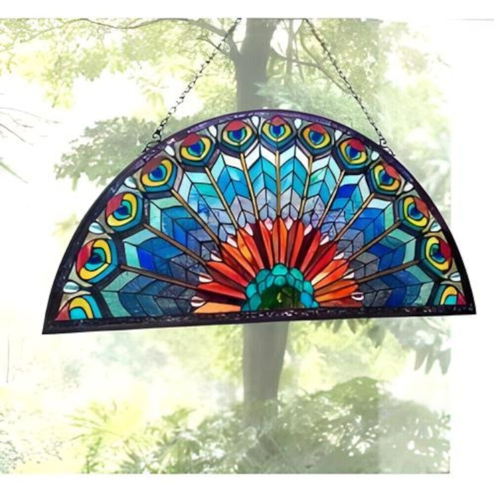 Stained Glass Semi-Circle Window Panel Suncatcher Peacock Design 35x18in