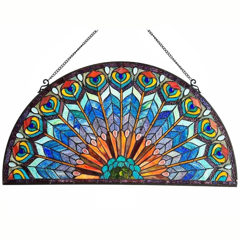 Stained Glass Semi-Circle Window Panel Suncatcher Peacock Design 35x18in