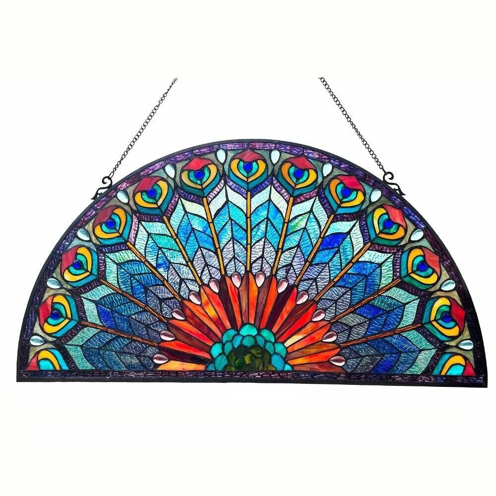 Stained Glass Semi-Circle Window Panel Suncatcher Peacock Design 35x18in