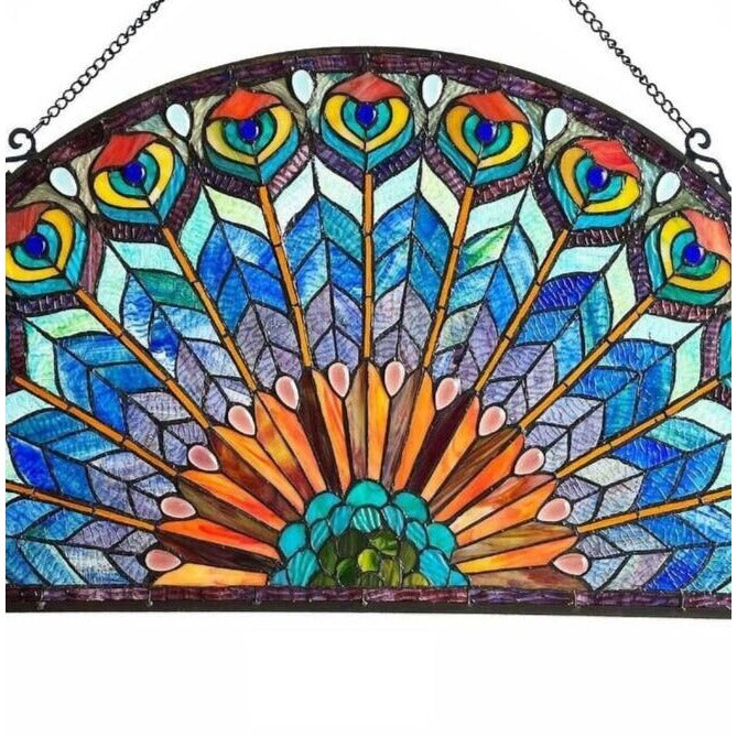 Stained Glass Semi-Circle Window Panel Suncatcher Peacock Design 35x18in