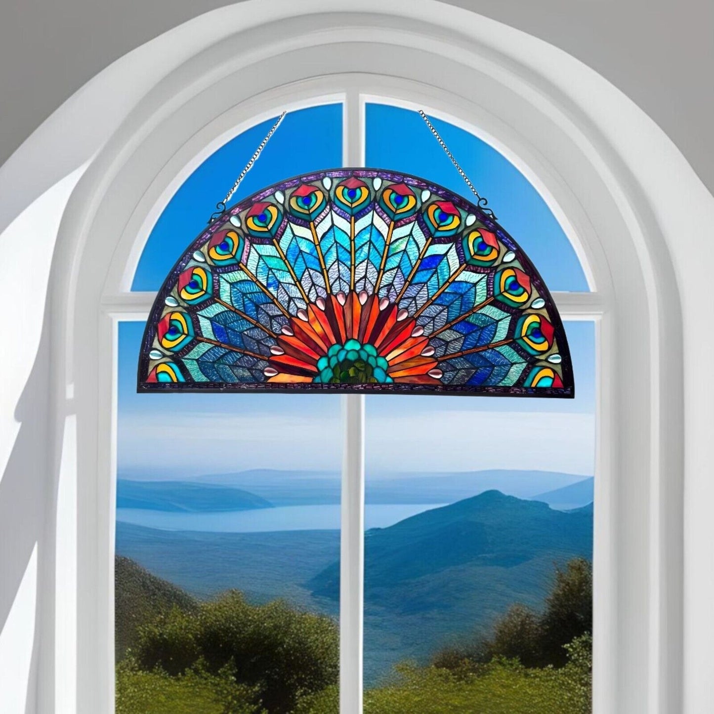 Stained Glass Semi-Circle Window Panel Suncatcher Peacock Design 35x18in