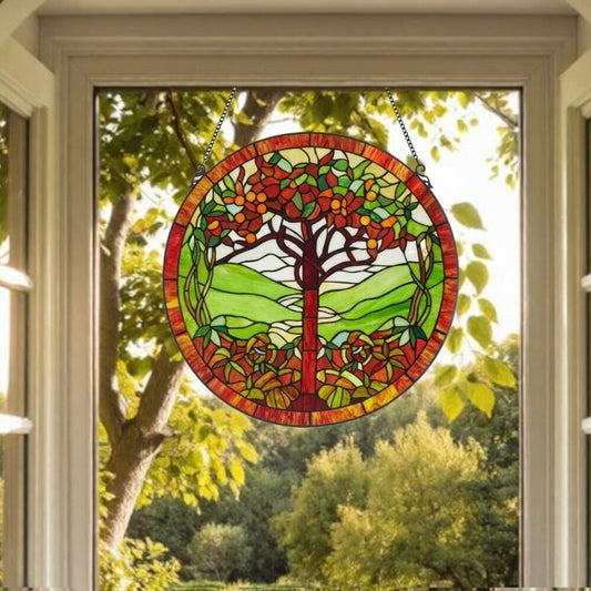 Round Tree of Life Stained Glass Suncatcher Hanging Window Panel 24in