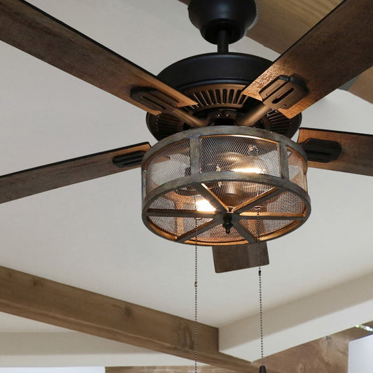 52in 5-Blade Woodgrain Caged Farmhouse LED Lighted Ceiling Fan - Pull Chain