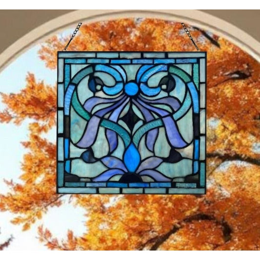 Tiffany Style Stained Glass Panel Suncatcher Blue Geometric Floral Design 12x12