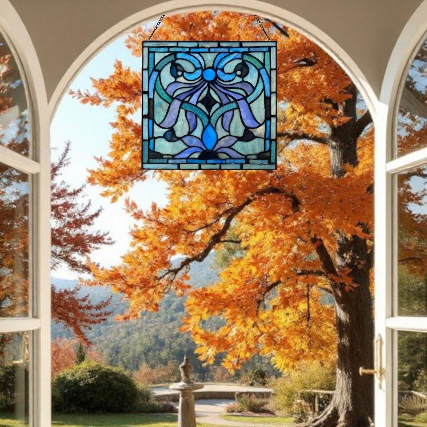 Tiffany Style Stained Glass Panel Suncatcher Blue Geometric Floral Design 12x12