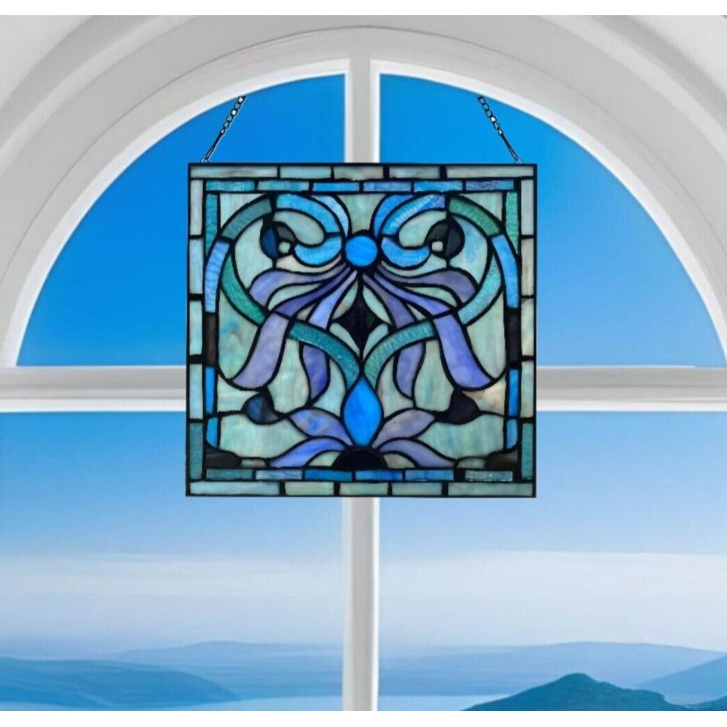 Tiffany Style Stained Glass Panel Suncatcher Blue Geometric Floral Design 12x12