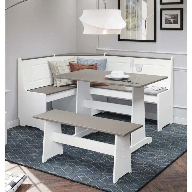 Farmhouse Style Corner Breakfast Dinette Set w/ Storage Bench - White w/Grey Top
