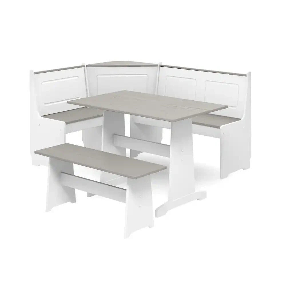 Farmhouse Style Corner Breakfast Dinette Set w/ Storage Bench - White w/Grey Top