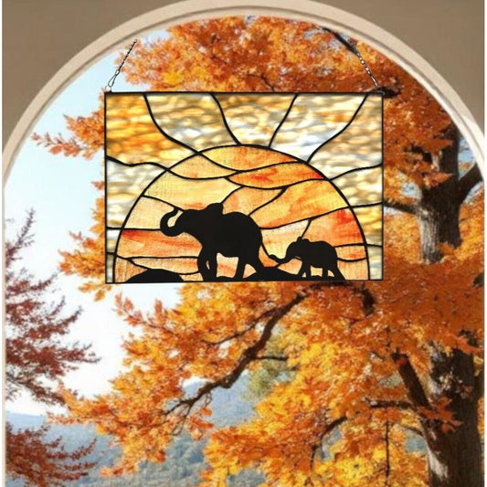 Elephant Stained Glass Suncatcher Window Panel 14x10in Mother and Baby