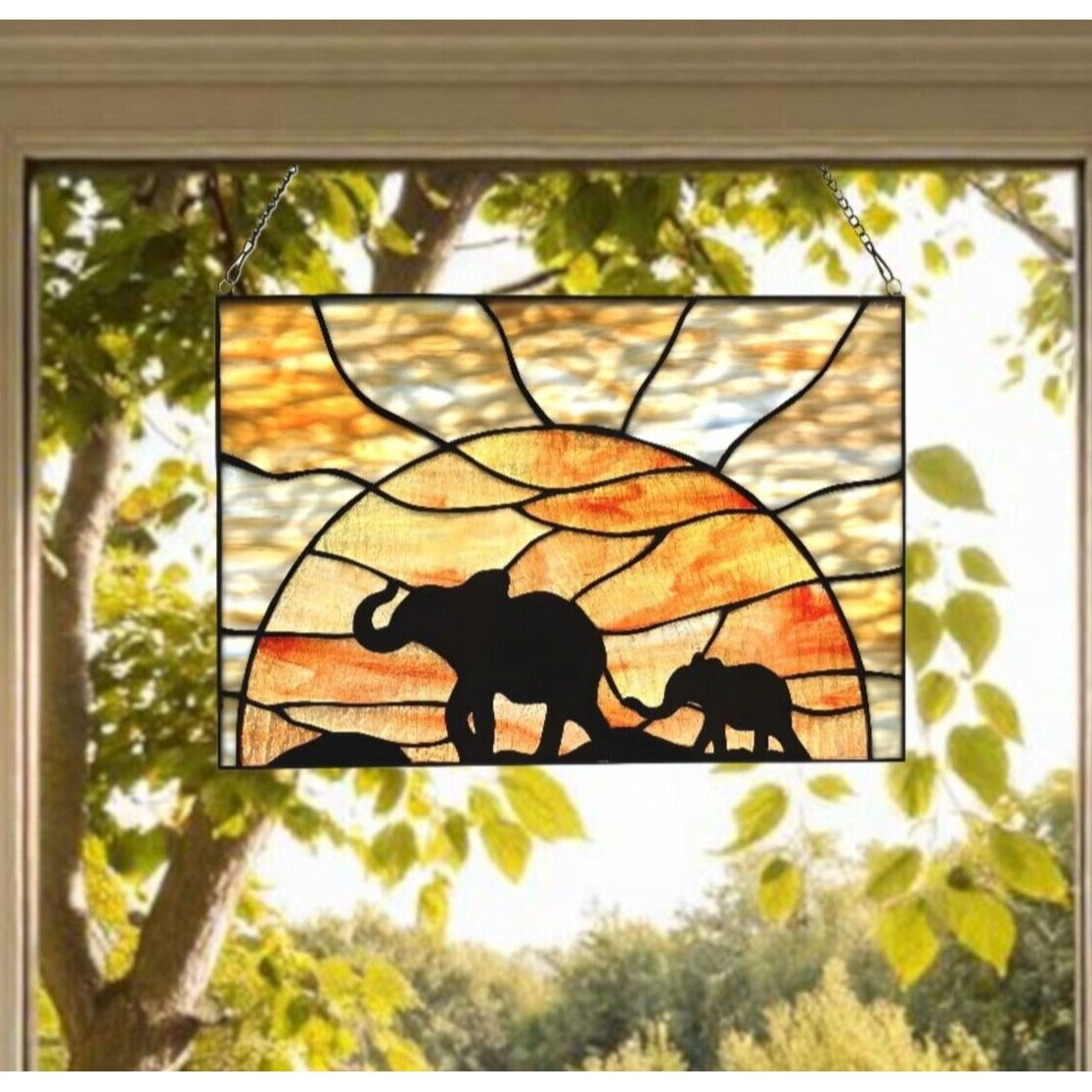 Elephant Stained Glass Suncatcher Window Panel 14x10in Mother and Baby