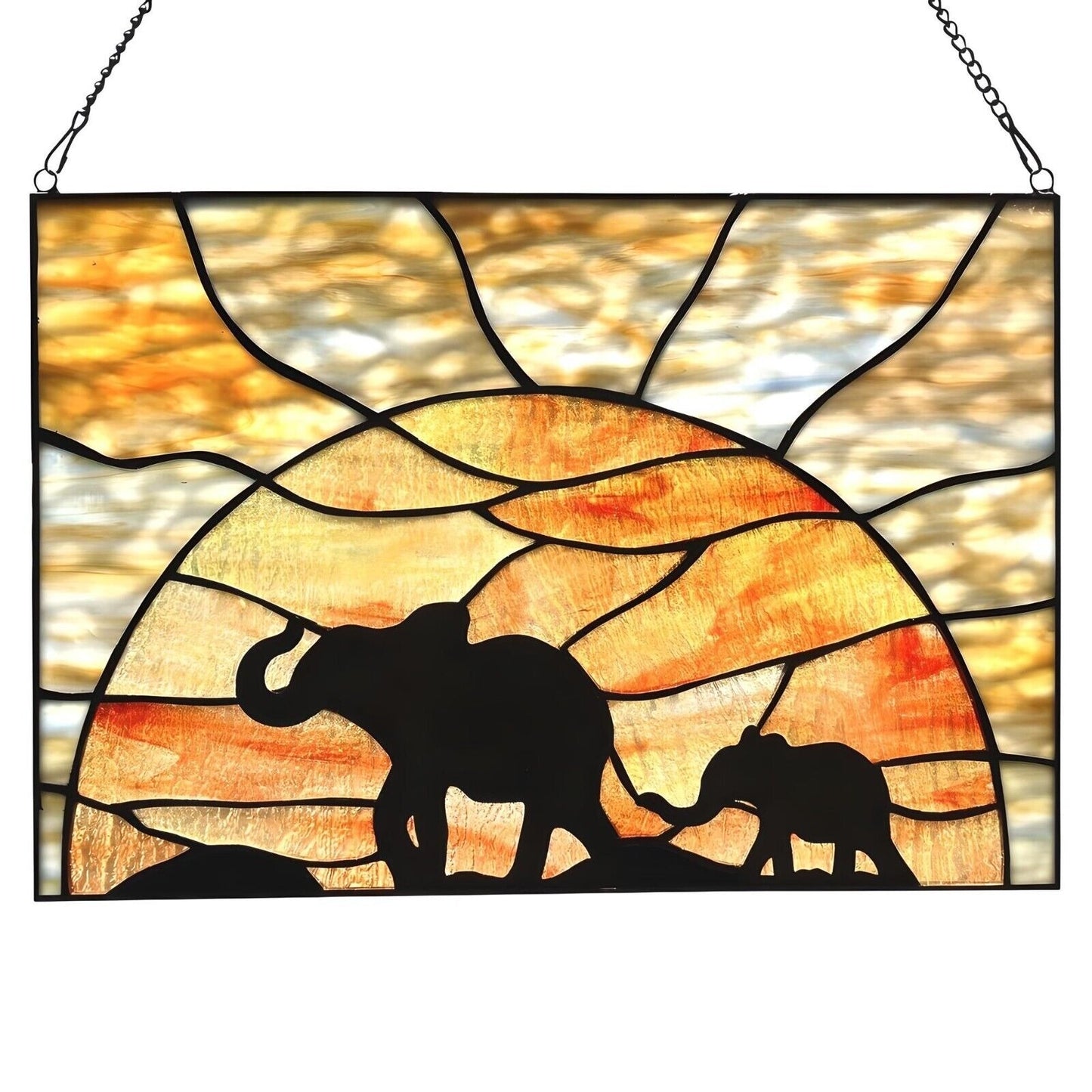 Elephant Stained Glass Suncatcher Window Panel 14x10in Mother and Baby