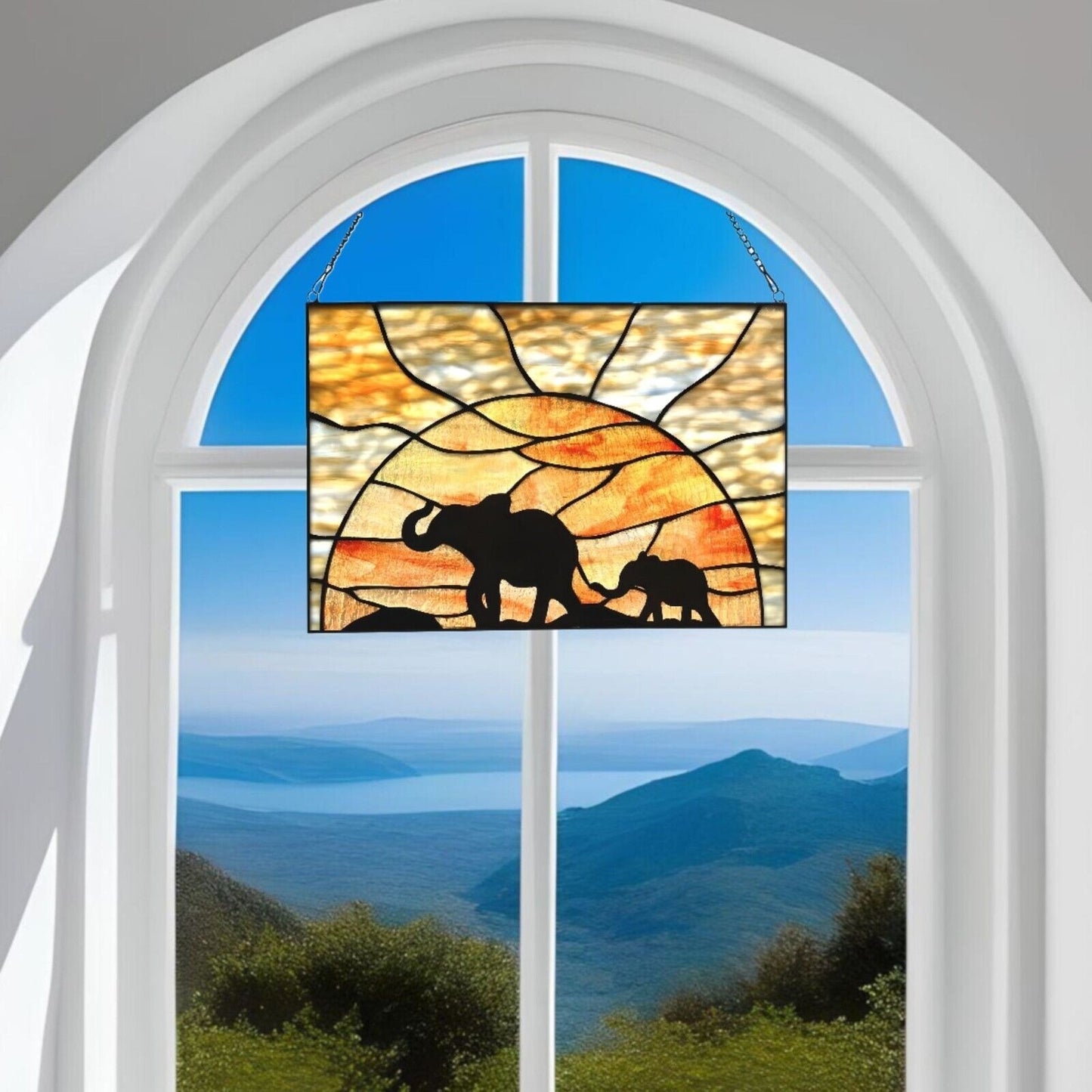 Elephant Stained Glass Suncatcher Window Panel 14x10in Mother and Baby