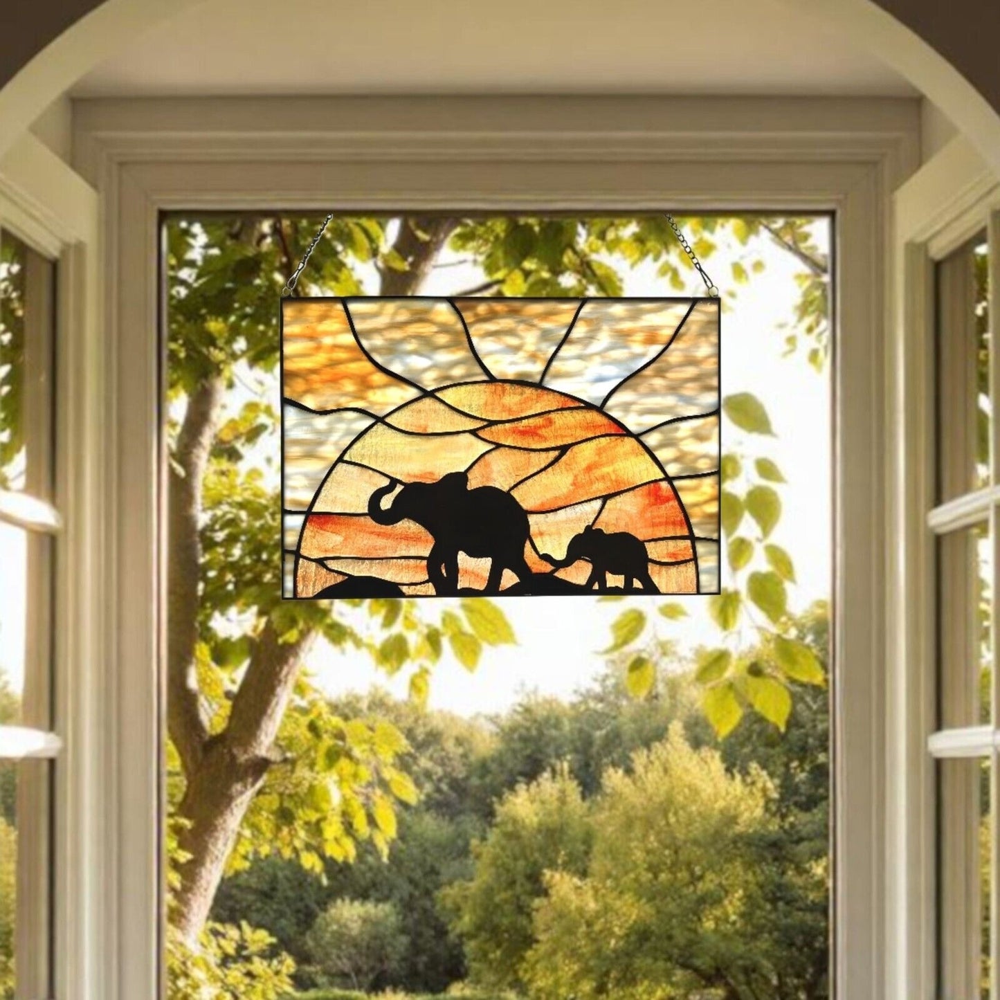 Elephant Stained Glass Suncatcher Window Panel 14x10in Mother and Baby