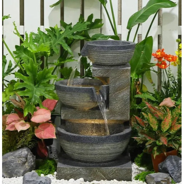 Captivating 24in Gray Indoor Outdoor 3 Tier Cascading Bowl LED Water Fountain
