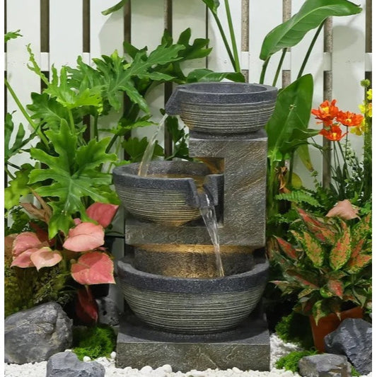 Captivating 24in Gray Indoor Outdoor 3 Tier Cascading Bowl LED Water Fountain