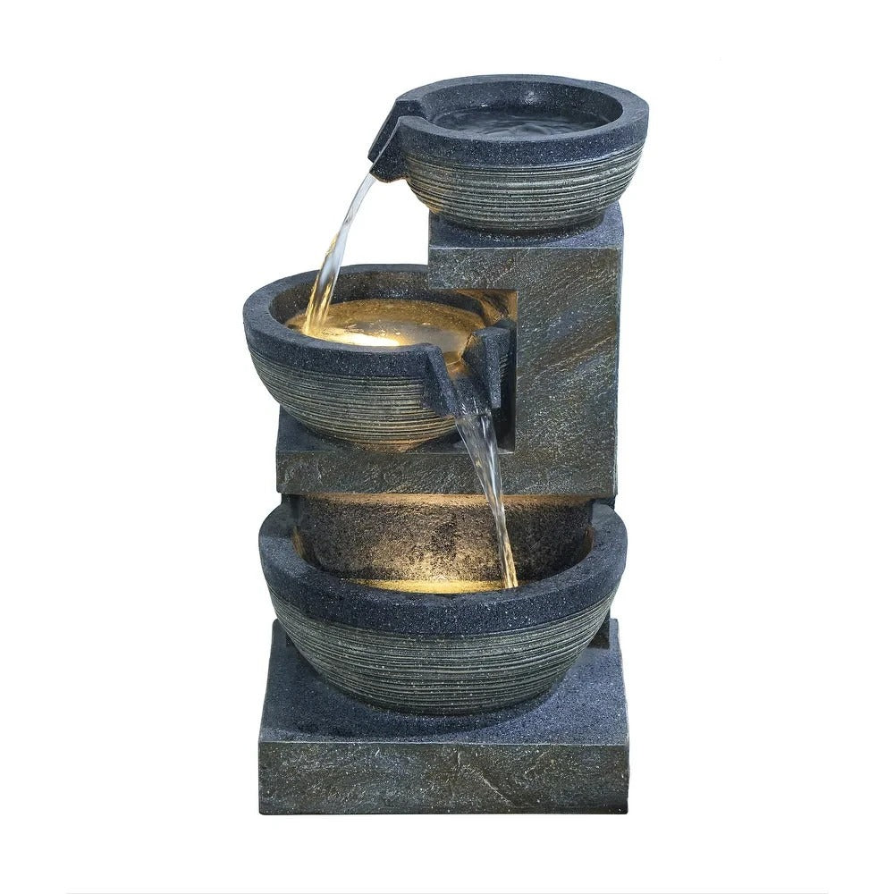 Captivating 24in Gray Indoor Outdoor 3 Tier Cascading Bowl LED Water Fountain