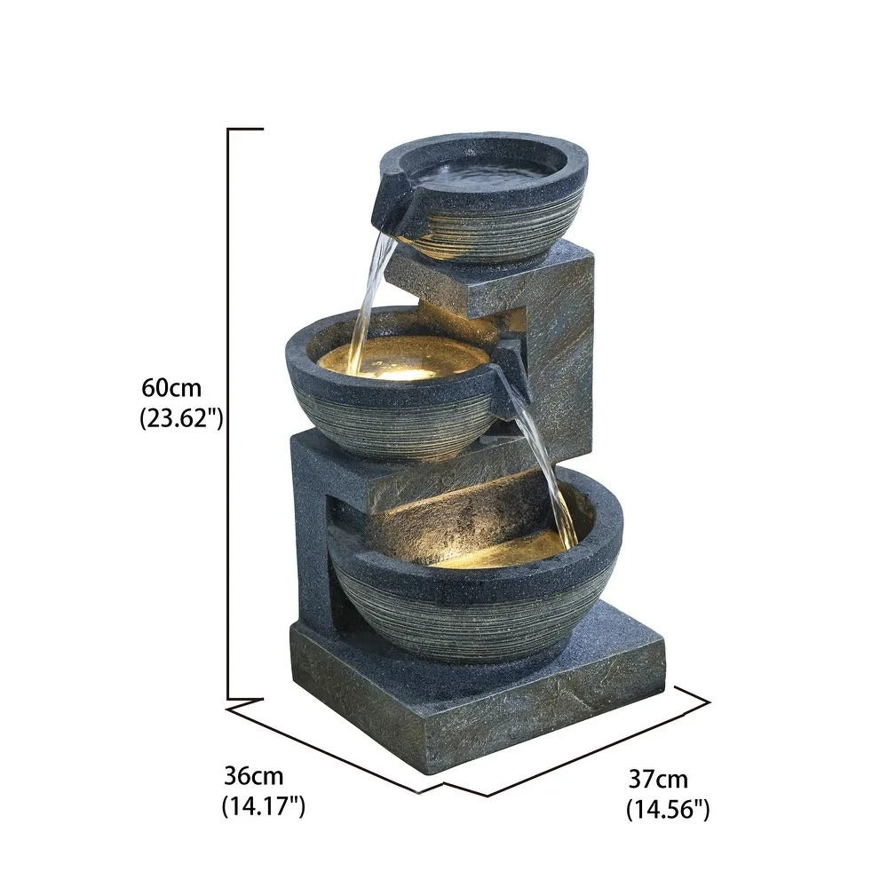 Captivating 24in Gray Indoor Outdoor 3 Tier Cascading Bowl LED Water Fountain