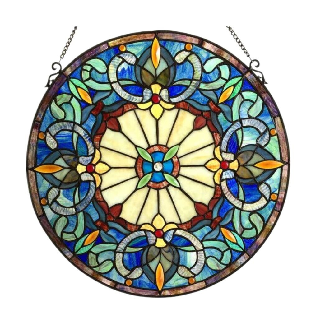 Round 22in Green Blue Victorian Stained Glass Suncatcher Hanging Window Panel