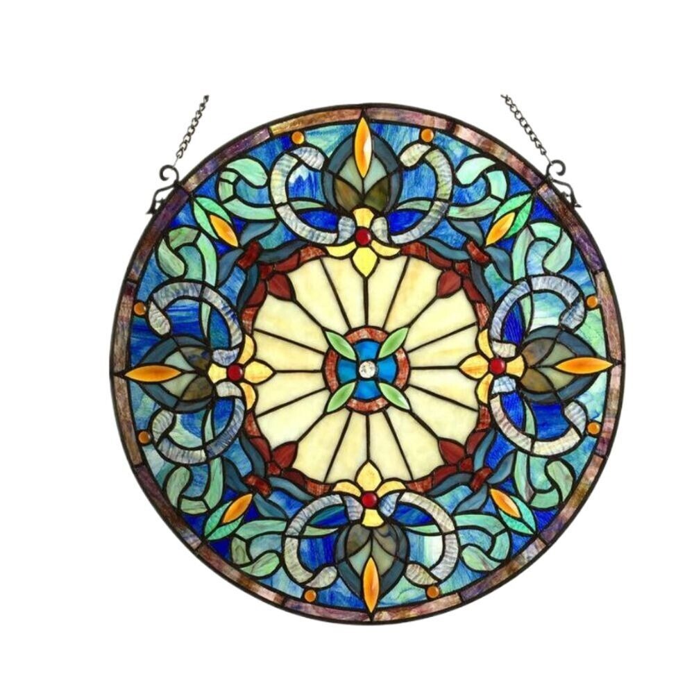 Round 22in Green Blue Victorian Stained Glass Suncatcher Hanging Window Panel