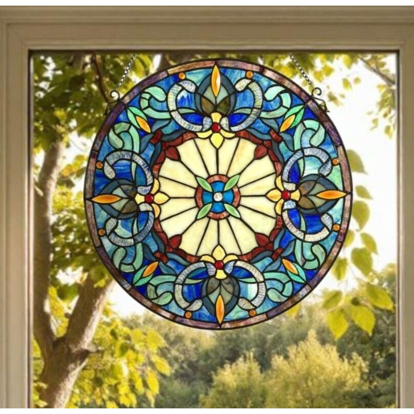 Round 22in Green Blue Victorian Stained Glass Suncatcher Hanging Window Panel