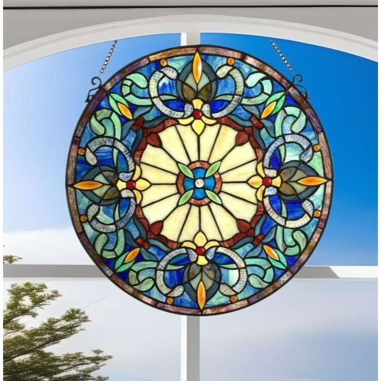 Round 22in Green Blue Victorian Stained Glass Suncatcher Hanging Window Panel