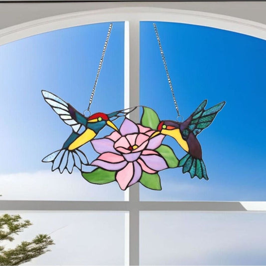 Tiffany Style Stained Glass Happy Hummingbirds 17.5x9in Window Panel Suncatcher