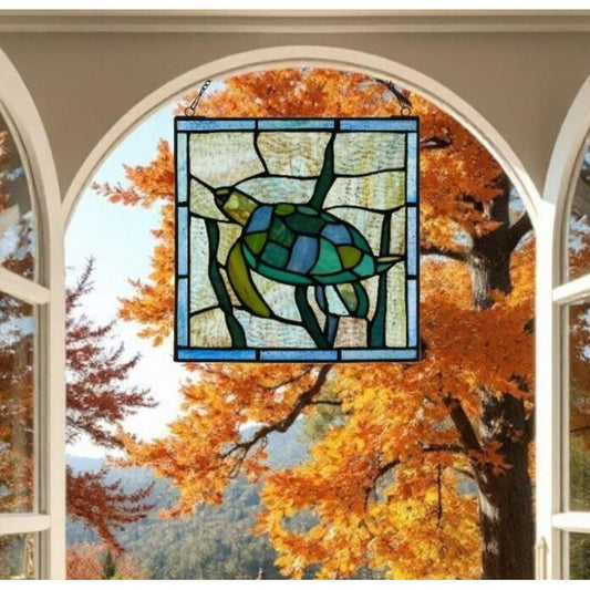 Sea Turtle Hanging Window Panel Suncatcher Tiffany Style Stained Glass 10x10in