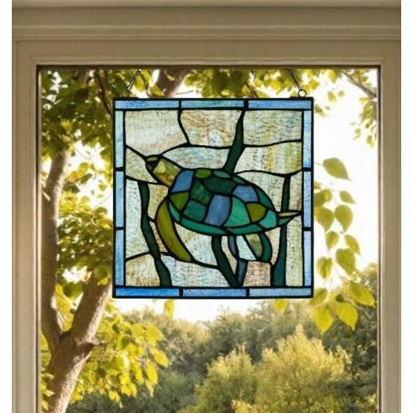 Sea Turtle Hanging Window Panel Suncatcher Tiffany Style Stained Glass 10x10in