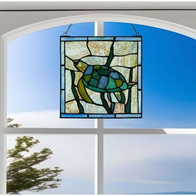 Sea Turtle Hanging Window Panel Suncatcher Tiffany Style Stained Glass 10x10in