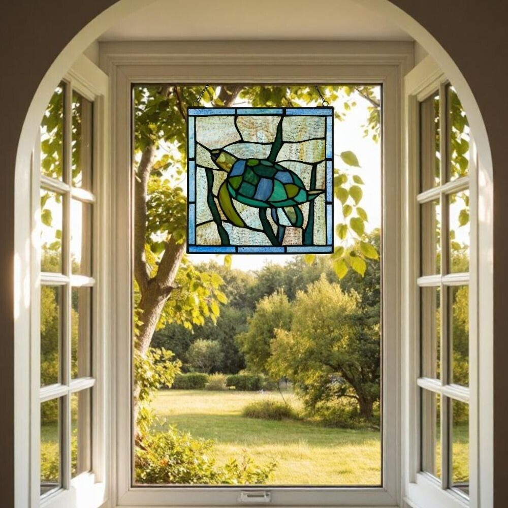 Sea Turtle Hanging Window Panel Suncatcher Tiffany Style Stained Glass 10x10in