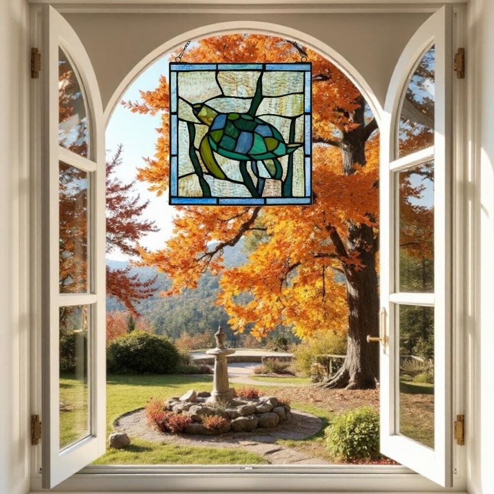 Sea Turtle Hanging Window Panel Suncatcher Tiffany Style Stained Glass 10x10in