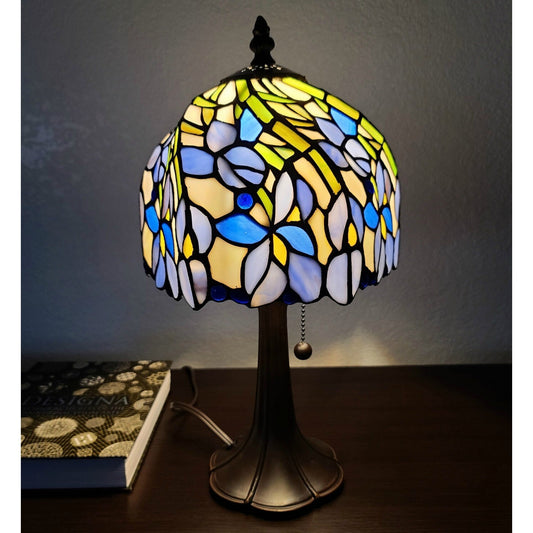 Tiffany Style Accent Stained Glass Table Lamp 15in Tall Violet Flower Motif