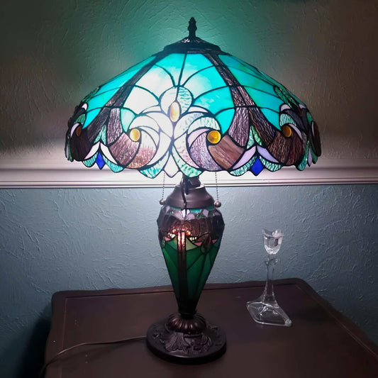Emerald Green Victorian Theme Tiffany Style Stained Glass Table Lamp w/ Lit Base