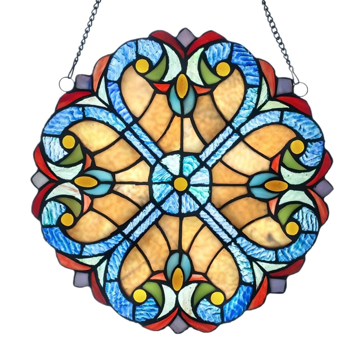 Tiffany Style Stained Glass Panel Suncatcher Red and Blue Floral Design 12in