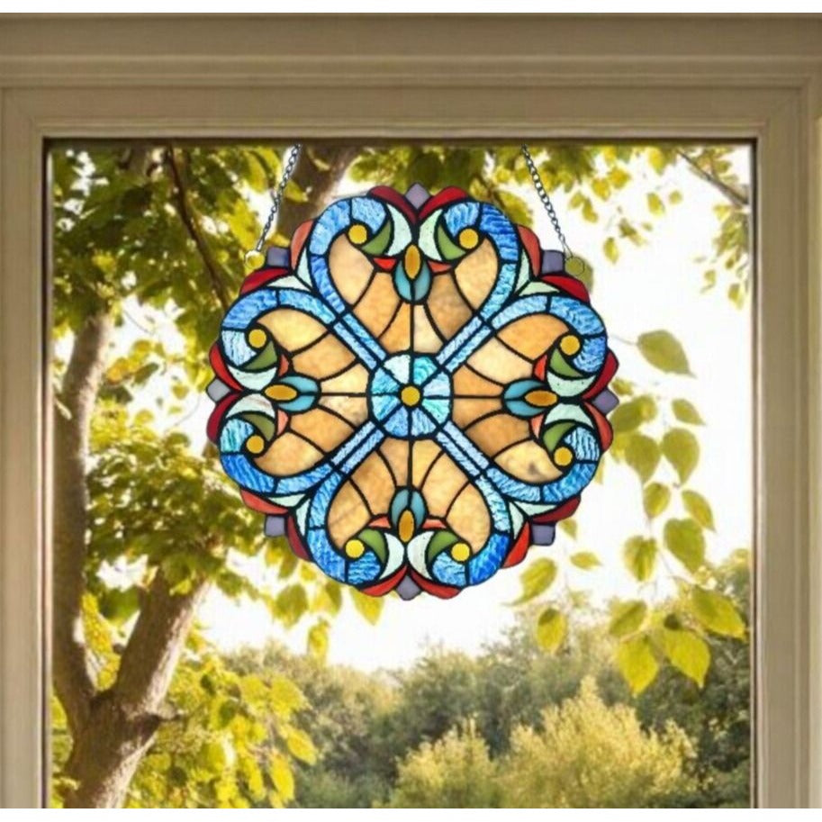 12-In Blue and Red Floral Tiffany top Style Stained Glass Window Panel Suncatcher