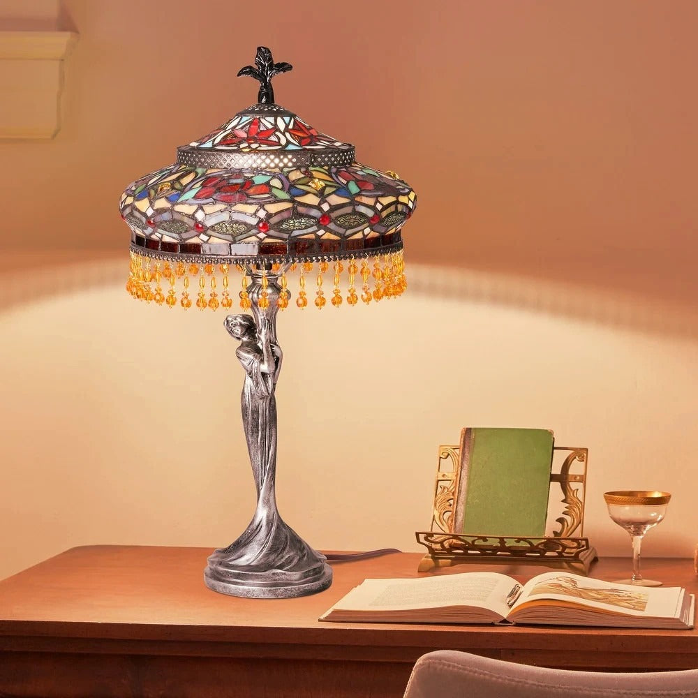 Tiffany Style Table Lamp Stained Glass Art Deco Lady - Antique Silver Base 24in