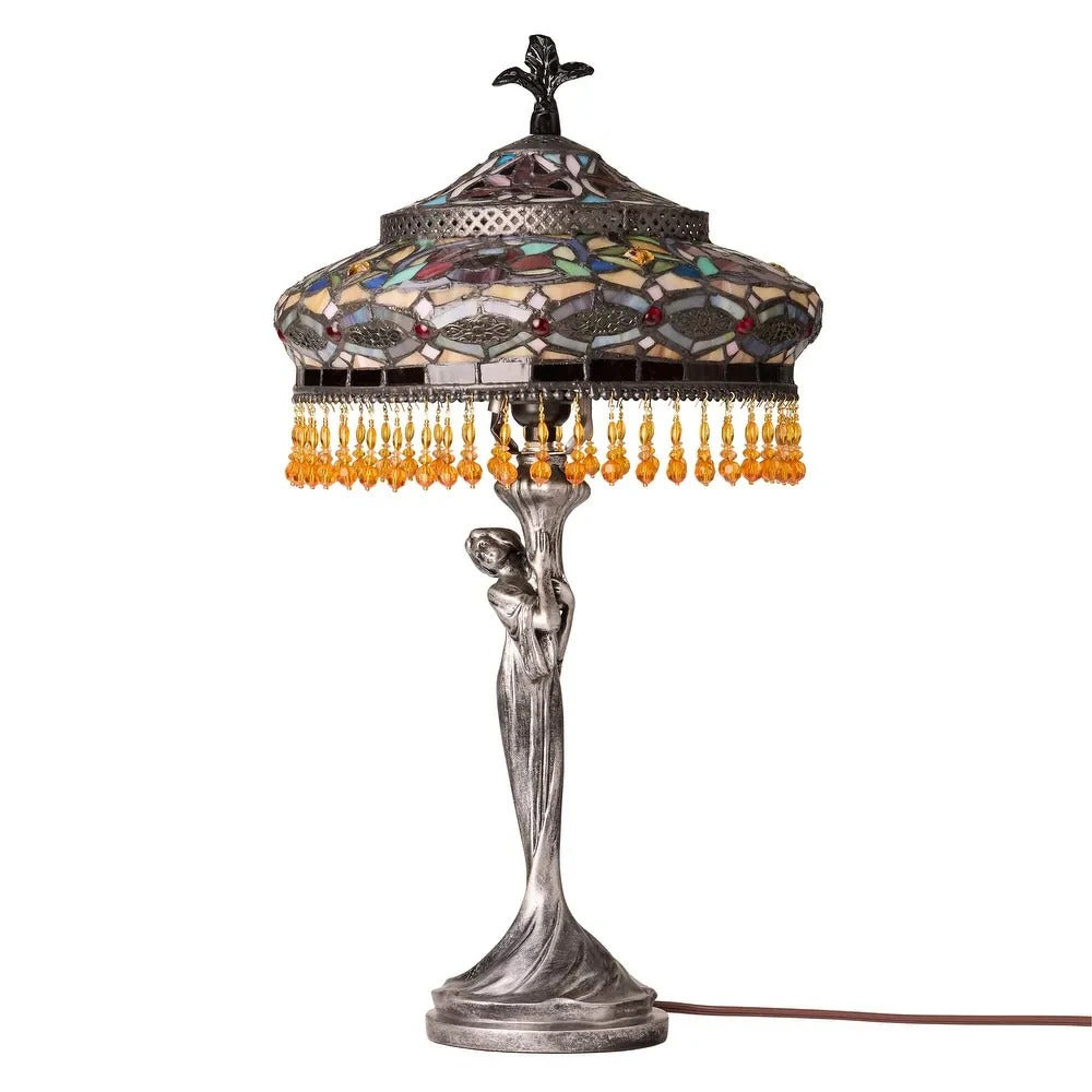 Tiffany Style Table Lamp Stained Glass Art Deco Lady - Antique Silver Base 24in