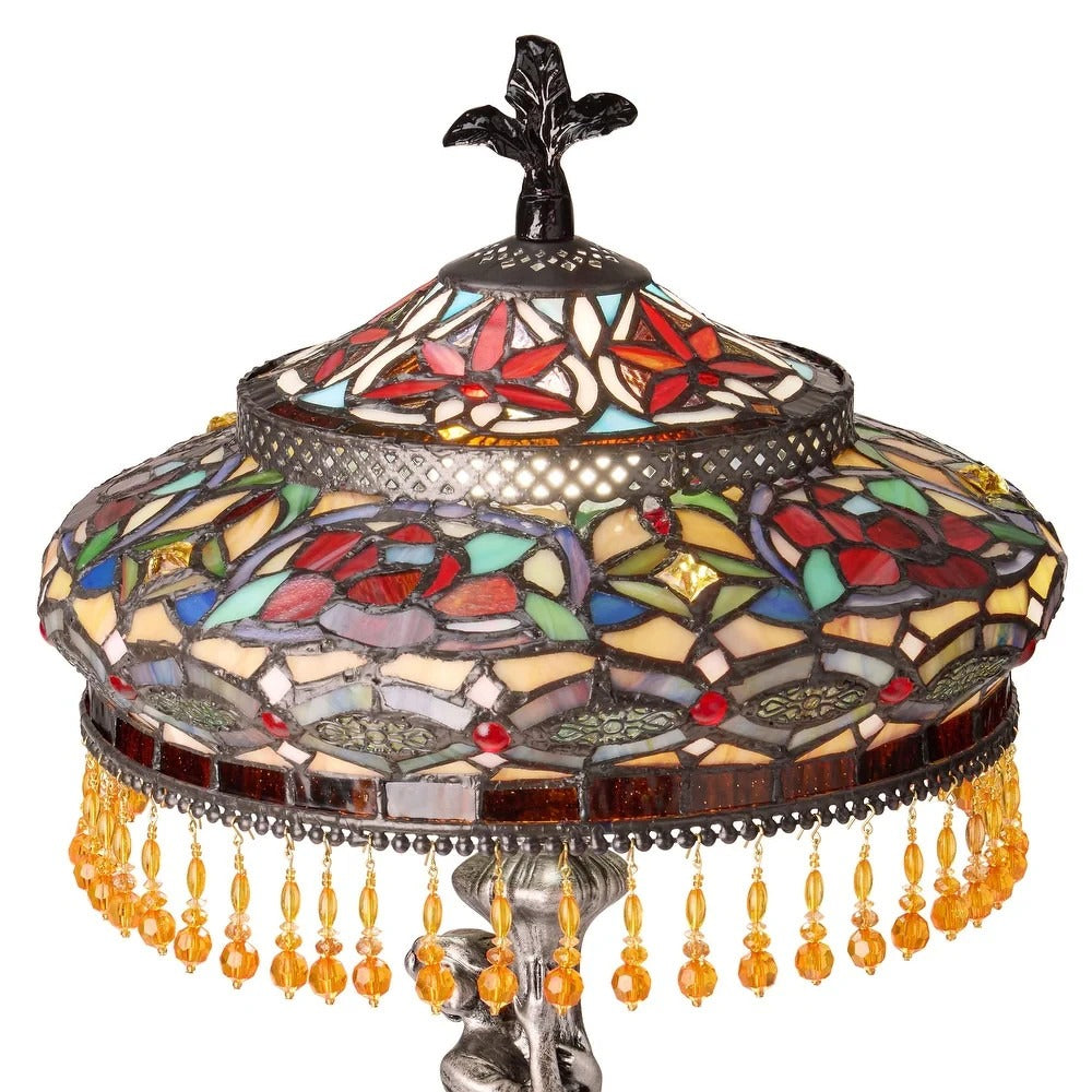 Tiffany Style Table Lamp Stained Glass Art Deco Lady - Antique Silver Base 24in
