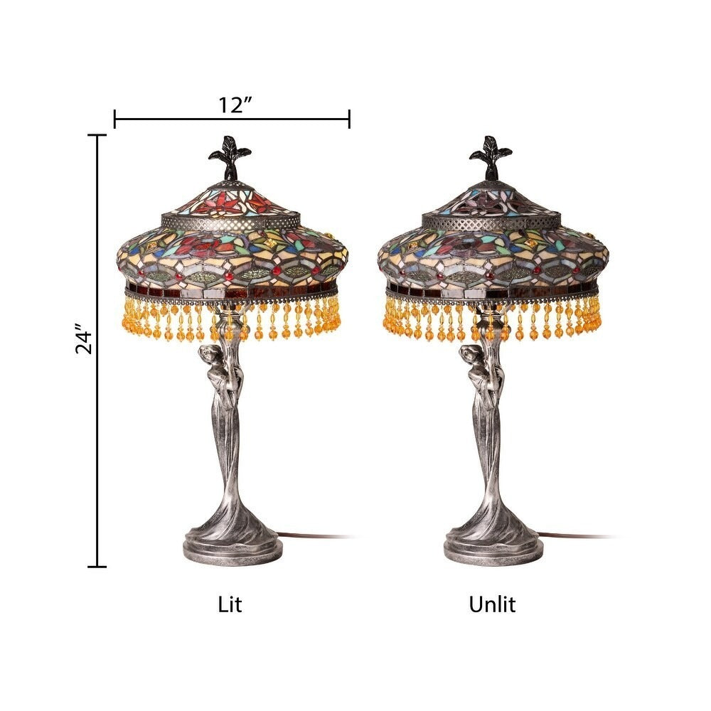 Tiffany Style Table Lamp Stained Glass Art Deco Lady - Antique Silver Base 24in